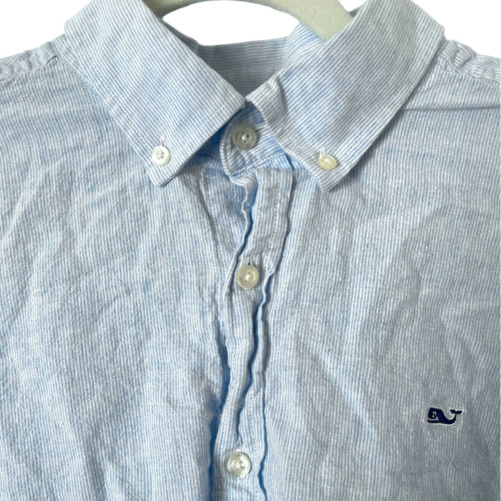 Vineyard Vines Blue White Pinstriped Linen Cotton Whale‎ Shirt XL